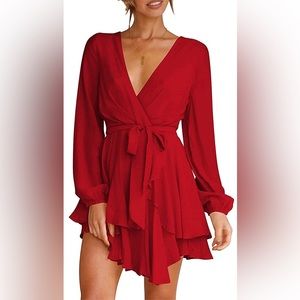 Women's Dress Deep V-Neck Long Sleeve Waist Tie Ruffle Mini Swing Skater